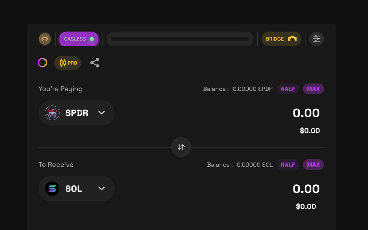 Swap screen of https://app.carbium.io featuring Gasless button pressed, you can now trade without holding SOL